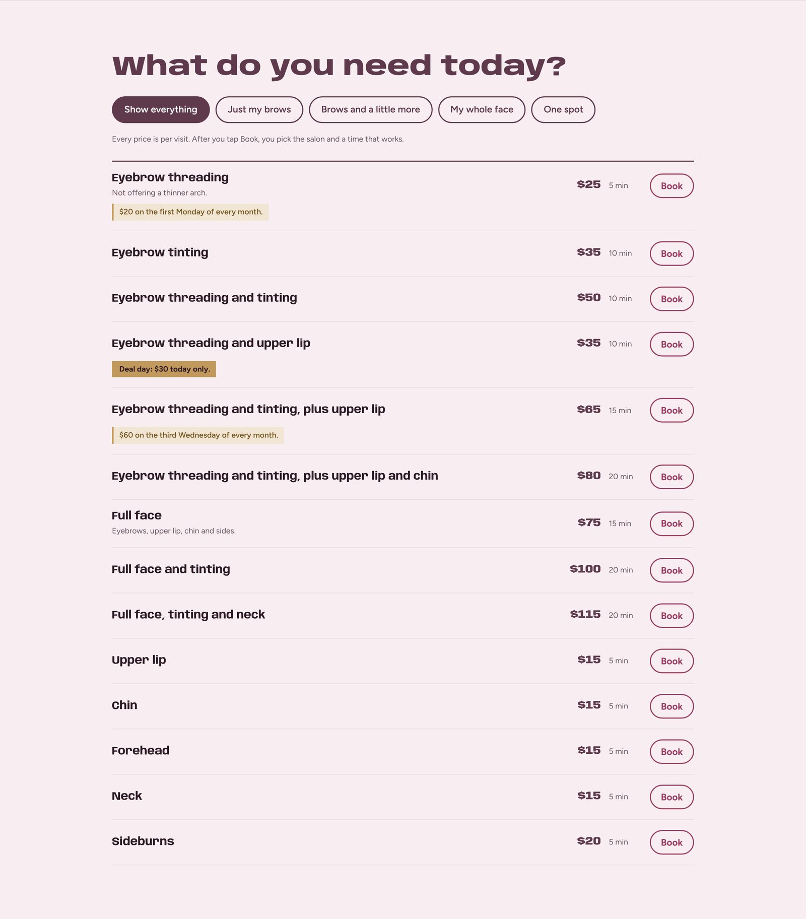 Services list with a filter, prices, times and Book buttons